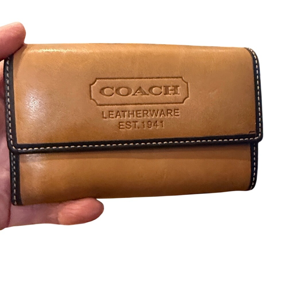 Coach Leatherware Est 1941 Tan Leather Trifold Wallet with Key Ring Attachment